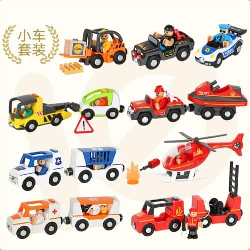 Multifunctional Magnetic Scene Railway Ambulance Police Trailer Forklift Engineer Aircraft Compatible Brio Wooden Track toys