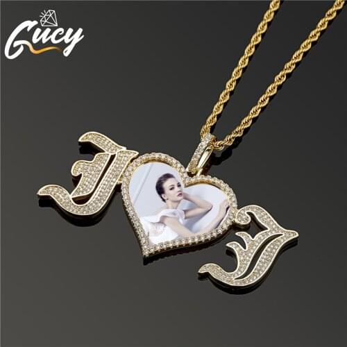 GUCY Personalized Custom Name Letters & Heart Photos Pendant Necklace Mens CZ Hip Hop Jewelry Gift