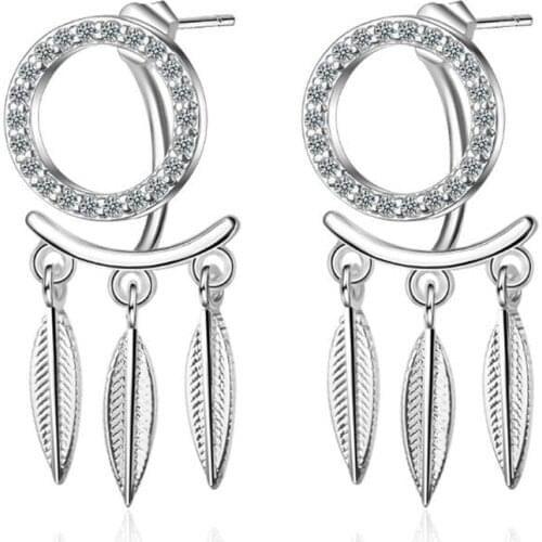 New Sweet Fashion Exquisite Dream Catcher 925 Sterling Silver Jewelry Round Feather Crystal Temperament Earrings SE662