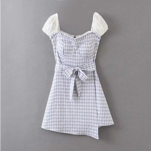 Casual Sleeveless A-line Mini Dress with Sashes Women Blue Plaid Female Short Dresses 2021 Summer Party Club Bandage Vestidos