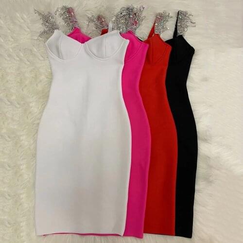 Sexy Womens Spaghetti Strap Bodycon Diamond Summer Bandage Dress 2021 New Sleeveless Nightclub Club Banquet Dresses