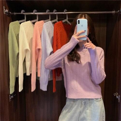 Sweater women autumn/winter 2021 fashion new retro loose Japanese round neck short pullover long sleeve solid color sweater