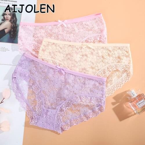AIJOLEN Sexy Lace Womens Panties Cute Bow Hollow Out Underwear Solid Color Flower Mesh Ruffle Underpants Large Size Briefs