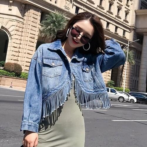 2020 Fashion The New Slim Wild Tassel Asymmetric Denim Jacket Free Shipping