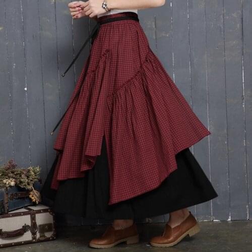 Women Cotton Vintage Fashion Grid Pattern Plaid Cotton Asymmetrical Skirt High Waist Plaid Women Skirt spring skirts women