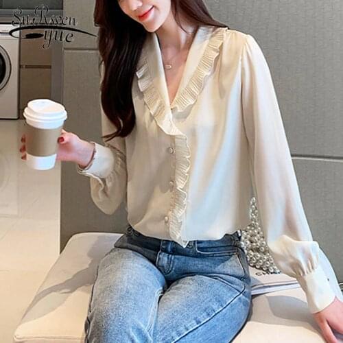 Casual Solid V-neck Women Clothing Office Lady Long Sleeve Beading Women Tops 2021 Autumn Fashion Women Chiffon Blouses 6286 50