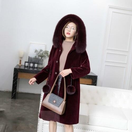 Faux Winter Jacket Women Sheep Shearing Female Wool Coat Plus Size Hooded Fox Fur Collar Chaqueta Mujer KJ520