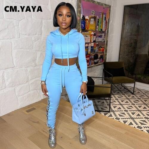 CM.YAYA Women Set Solid Full Sleeve Hooded Collar Crop Tops Bandage Hollow Out Pants Two 2 Piece Sets Outfits Tracksuit Winter