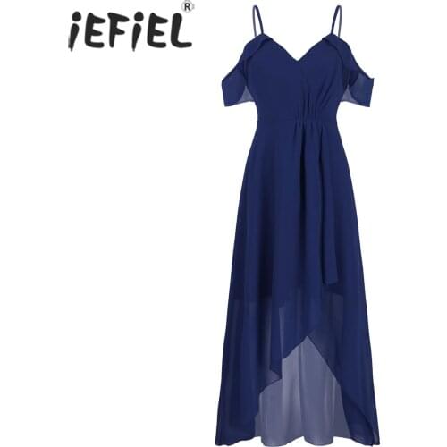 Women Ladies Elegant Dress Shoulder Sleeves Faux Wrap High Low Chiffon Dress Wedding Evening Party Vestido de festa Prom Dresses