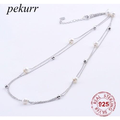 Pekurr 925 Sterling Silver Bead Tiny Natural Freshwater Pearl Necklaces For Women Double Chain Chokers Fashion Jewelry