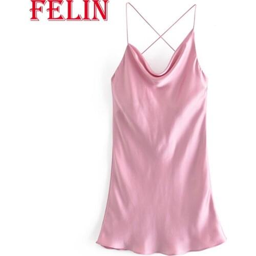 Za Chic Pink Women Dress Stain Pleated Sleeveless Summer Mini Cami Dress Fashion 2021 Sexy Mujer Vestidos