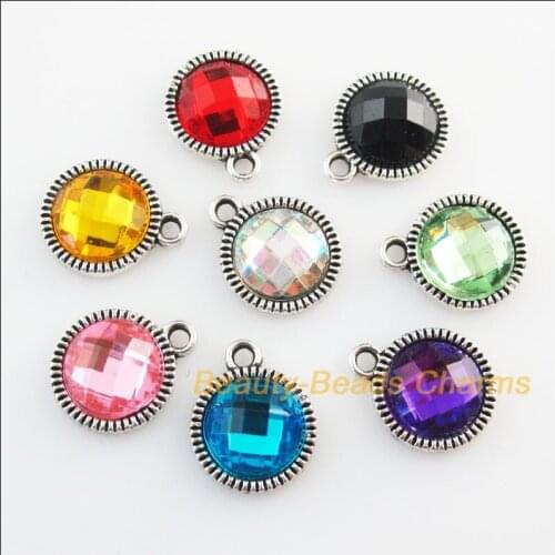 16 New Retro Charms Acrylic Plastic Tibetan Silver Round Pendants Mixed 12.5x15mm