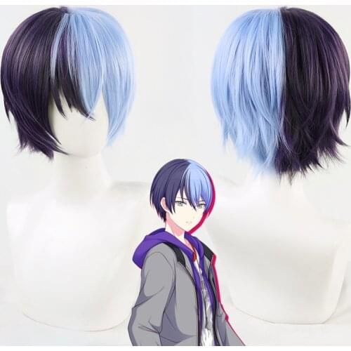 Aoyagi Touya Cosplay Wig Mixed Purple Blue Short Straight Heat Resistant Hair + Free Wig Cap
