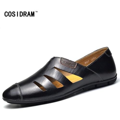 COSIDRAM Genuine Leather Men Casual Shoes New 2018 Summer Hollow out Shoes Fashion Comfortable Flat Driving Shoes SHB-009