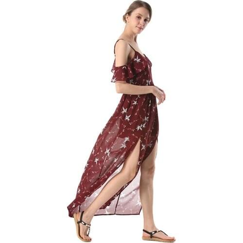 Hong Miao 2021 New Fashion Bohemian Summer Beach Womens Chiffon Raglan Sleeve Printing Sexy Long Skirt Size Q