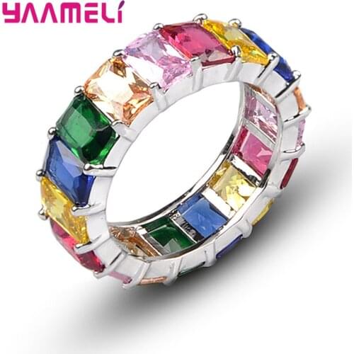 Good Quality Rainbow Color Baguette CZ Crystal Cubic Zirconia Finger Rings For Women Luxury 925 Sterling Silver Golden Jewelry