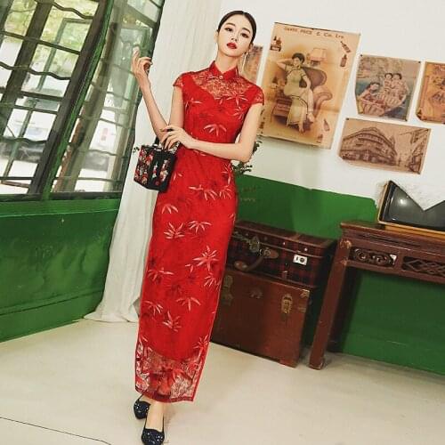 Red Lace Female Tight Long Qipao Elegant Classic Floral Cheongsam Chinese Dresses Mandarin Collar Vestidos Oversize S-3XL