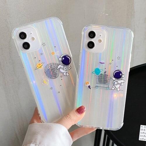 Creative Astronaut Laser Paper Phone Case For iPhone 12 Pro Mini 11 Pro Max 7 8 Plus X XS XR Max Clear Shockproof Soft TPU Cover