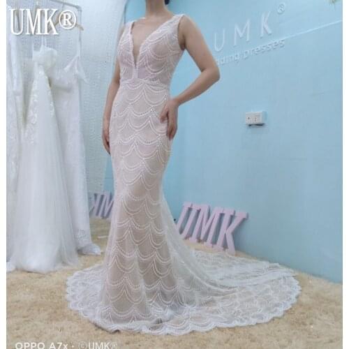 UMK Lace Mermaid Wedding Dress Sexy V Neck Open Back Chic Boho Bridal Gowns 2021 Vintage Vestido De Noiva