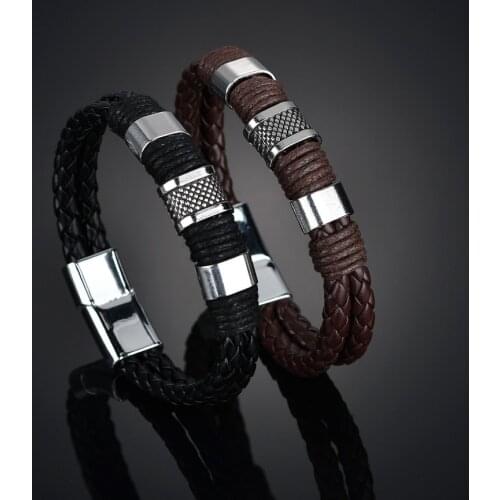 Multilayer Braided Leather Bracelet Men Stainless Steel Magnetic Clasp Trendy Men Bracelet Woven Bangle Armband pulsera hombre