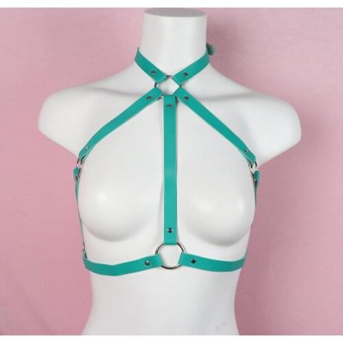 Trendy Green Leather Harness Women Lingerie Bondage Harajuku O-Ring Suspenders Bra Cage Waist Wide Strap Festival Rave Clothes