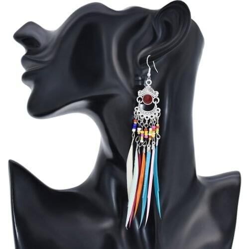 Boho Style Fashion Color Resin Rice Beads Tassel Feather Earrings For Women Indian Style Feather Tassel Beads Ear Hooks