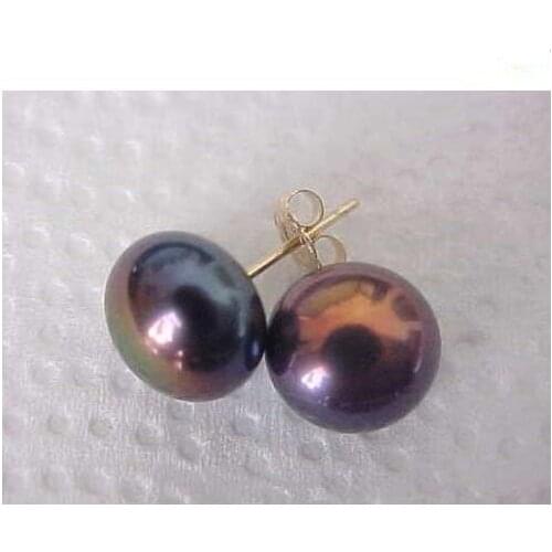 New Arrival Favorite Pearl Earring 9mm Genuine Black Pearl Stud Earrings Solid 14kt Yellow Gold Plated Fine Jewelry Women Gift