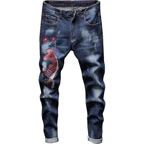 New Fashion Design Mens Jean Stretch Blue Denim Embroidery Skinny Jeans Men