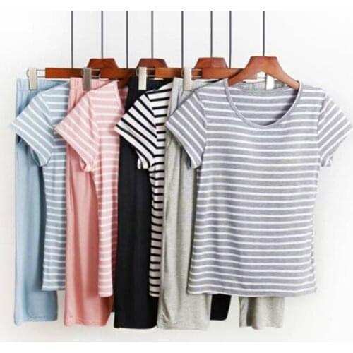 Chest Padded Modal Sleepwear Set New Short Sleeve Cotton Pajamas Women Fashion Striped Cropped Pant Large Size Home Clothes 3XL