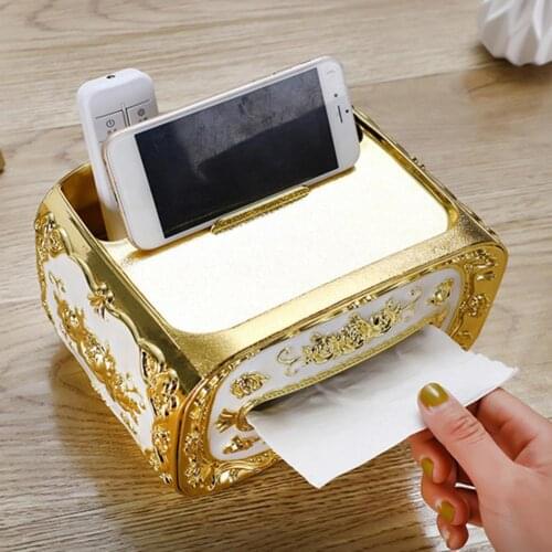 Plastic Napkin Box Rectangle Useful Golden Color Tissue Box Elegant European Style for Desktop
