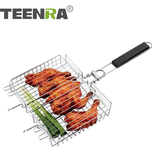 TEENRA Non-stick Barbecue Net Foldable BBQ Grilling Portable BBQ Basket Net Fish Meat Hamburg Net Camping Picnic Tools