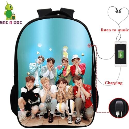 ATEEZ Print School Bags Bookbag 16 Inch Boys Girls Backpacks Bagpack Kpop Kawaii Cute College Student Backpack Bag Usb Charging