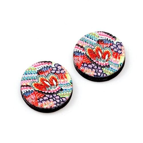 Unique 3D Flower Embossed 16mm Round Coloured Drawing pattern Laser Cut wood Cabochon DIY for Rings, Earring,Brooch,Necklace