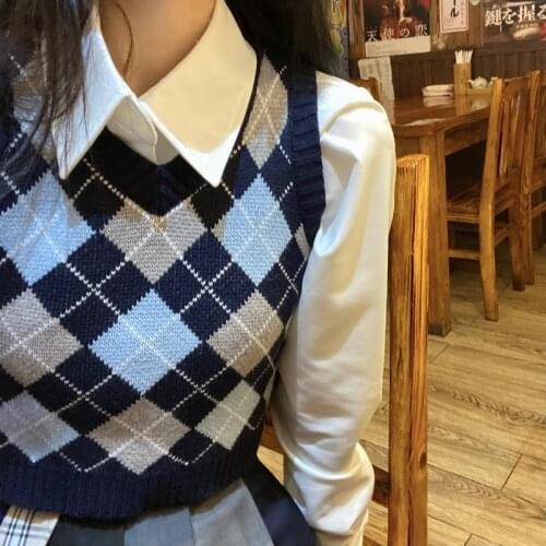 Retro Solid Argyle Knitted Sweater Vest Womens 2021 Sleeveless Plaid Pink Crop Tops Casual Preppy Style Y2K Streetwear