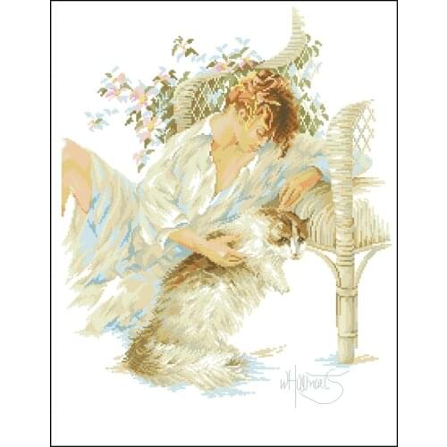 Gold Collection Counted Cross Stitch Kit Seated Girl with Cat Kitty Kitten Pet Animal Lanarte 33831