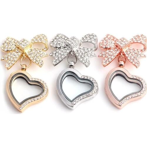 10PCS Mix Colors Rhinestones Bowknot Flating Locket Brooch Pins for Women Wedding Gift Jewelry Accessories