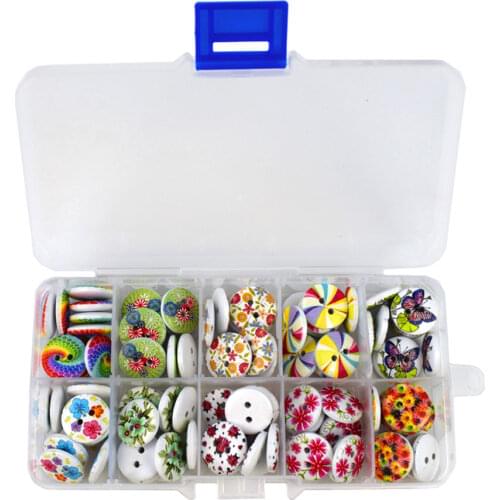 150PCS Mixed Flower Print 2 Holes Wooden Buttons with Storage Box 15MM Decorative Buttons for Clothing Sewing Accessories