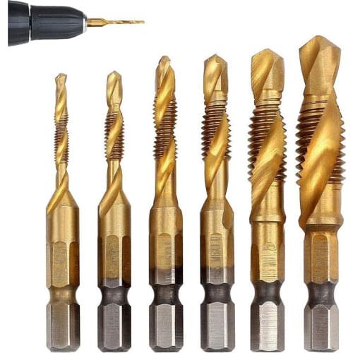 6Pcs M3 M4 M5 M6 M8 M10 Tap Drill Bits 1/4 Hex Shank Machine Hand Taps Titanium Coated HSS Drilling Tap Bits Thread Screw Tools
