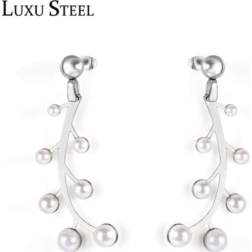 LUXUSTEEL Steel Ball Imitation Pearl Drop Earrings For Women Stainless Steel Minimalist Elegant Leaf Long Earring Collier Bijoux