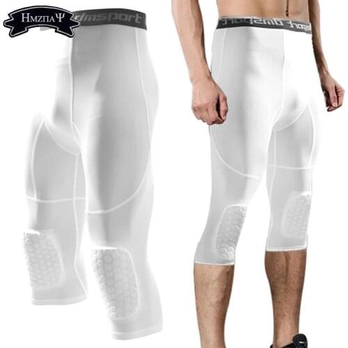 Mens Basketball Padded Three-Quarter Tights Pants with Knee Pads for Men 3/4 Capri Compression Tights Leggings Girdle Training