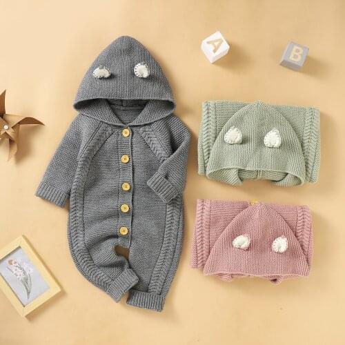 FOCUSNORM 3 Colors Baby Girls Boys Winter Jumpsuits 0-18M Solid Knit Long Sleeve Hooded Single Breasted Romper Sweater