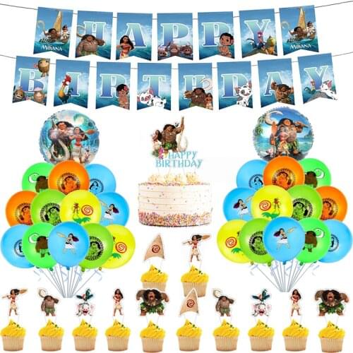 Moana Foil Balloons Cartoon Blue Princess Latex Ballons Happy Birthday Banner Ocean Theme Party Decoration Girl Kids Cake Topper