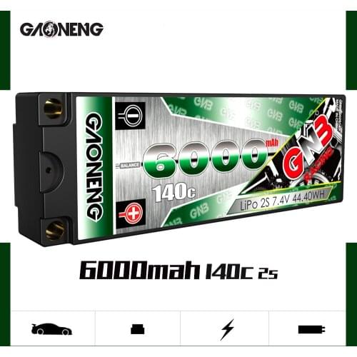 Gaoneng GNB 6000mAh 2S 7.4V 140C/280C 6.0mm bullet see through Hardcase LiPo Battery pack for 1:10 1/10 RC Car Boat