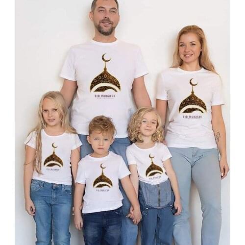 Ramadan Kareem Moon Mosque Cotton T-Shirt Muslim Festival Family Matching Outfits Dad Mom and Kids Eid Al Fitr Family T Shirt
