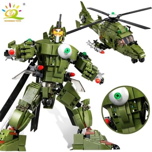 HUIQIBAO 595PCS 2in1 WW2 Military Weapon Mecha Robot Man Building Blocks Helicopter Soldier Figure Army Bricks Set Children Toys