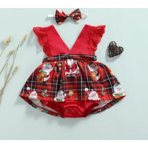 FOCUSNORM Christmas Infant Baby Girls Cute Rompers Headband 2pcs Lace Sleeve V Neck Santa Plaid Printed Jumpsuits 0-24M