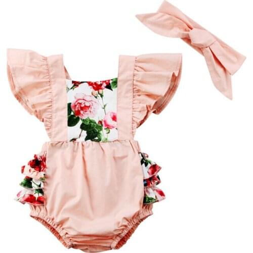 Summer Newborn Baby Girls Clothes Floral Round Neck Sleeveless Ruffles Bodysuit Headband 2pcs Kids Toddler Girls Casual Outfits