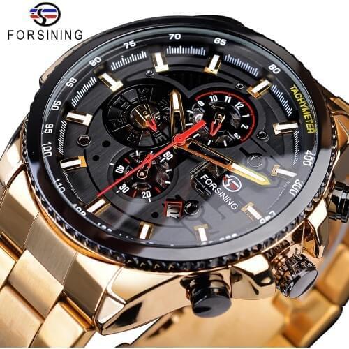 Forsining 2019 Classic Black Golden Clock Male Steampunk Sport Series Complete Calendar Mens Automatic Watches Top Brand Luxury