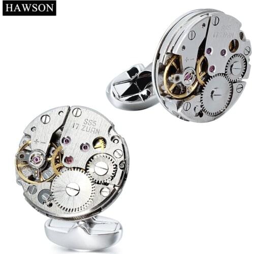 Mens Irremovable Watch Movement Cufflinks for Shirt Silver Color Wedding Groom with Gift Box