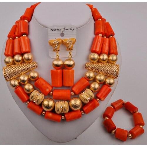 Nigerian Wedding Coral Jewelry Sets for Women Dubai Gold Color Coral Necklace Earrings Set African Jewelry Set